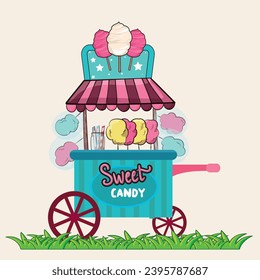 Ilustración de vectores del Día Nacional del Velo de Algodón. Adecuado para carteles y banner de tarjetas de felicitación. Carro y puesto de dulce dulce. Ilustración vectorial. Editable.