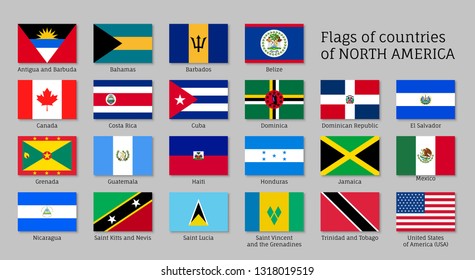National countries flags of North America continent isolated on grey background. USA, Mexico, Canada, Jamaica, Barbados, Cuba, Dominica flags in flat style. Patriotic symbols vector illustration set.