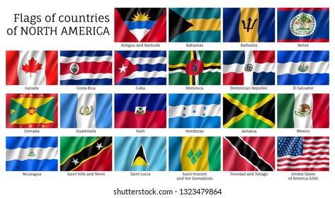 National countries flags of North America continent. USA, Mexico, Canada, Costa Rica, Jamaica, Barbados, Salvador, Cuba, Dominica 3d realistic waving flags. Patriotic symbols vector illustration set.