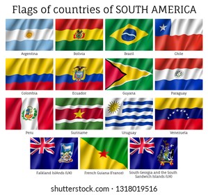 National countries flags of South America continent. Ecuador, Argentina, Bolivia, Brazil, Chile, Colombia, Peru, Suriname, Uruguay 3d realistic waving flags. Patriotic symbols vector illustration set.