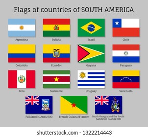 National countries flags of South America continent. Ecuador, Argentina, Bolivia, Brazil, Chile, Colombia, Guiana, Paraguay, Peru, Suriname, Uruguay, Venezuela patriotic symbols with official colors