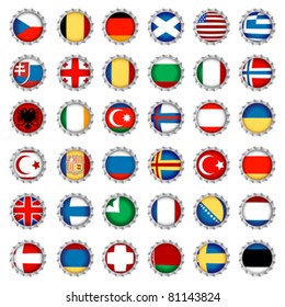 National country flags on beer bottle caps, isolated and grouped objects over white background. No gradient mesh or transparencies used.