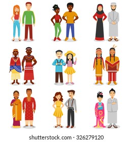 National couples icons set with European Asian and African people flat isolated vector illustration 