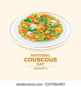 National Couscous Day vector illustration. Vegetable couscous on a plate icon vector. Staple food of North African cuisine drawing. August 5 every year. Important day