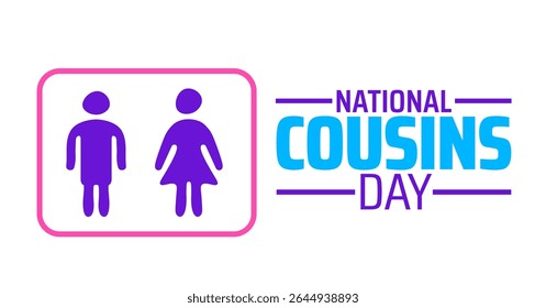Plano de fundo ou banner do Dia Nacional dos Primos. Ícones masculinos e femininos roxos em retângulo rosa, simbolizando laços familiares e celebração de parentesco.