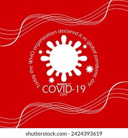 National COVID 19 Day event banner. Covid19 viruses icon with bold text and wavy lines on red background to commemorate on March 11