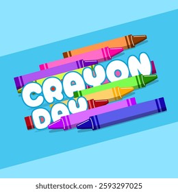 National Crayon Day to celebrate on March 31st. Colorful crayons are a tool for drawing with bold text on sky blue background.