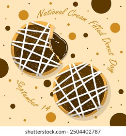 National Cream Filled Donut Day event banner. Two donuts with chocolate filling and topping on light brown background to celebrate on September 14th