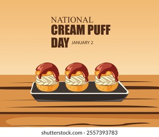 National Cream Puff Day. January 2. Holiday concept. Template for sunburst background, banner, card, poster. Vector illustration.