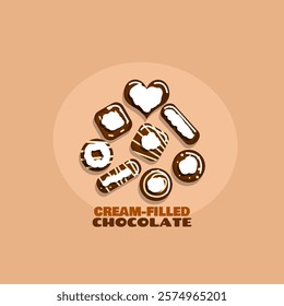 National Cream-Filled Chocolate Day to celebrate on February 14th. Chocolates in various shapes with toppings and cream filling on beige background.