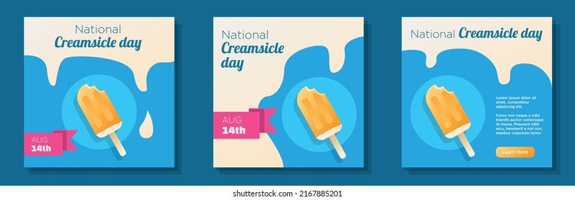 National creamsicle day 2022 social media post, banner set, sweet orange icecream celebration advertisement concept, popsicle ice cream marketing square ad, August 14th abstract print, isolated.