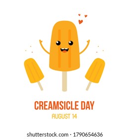 National Creamsicle Day card, illustration with cute orange popsicle smiling character, ice cream.