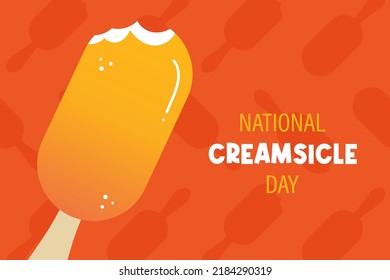 National Creamsicle Day greeting card, vector illustration with cute cartoon style ice cream on stick, orange creamsicle. August 14.