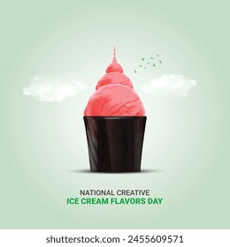 Día Nacional de los Sabores Creativos de Helados. National Creative Ice Cream Flavors Day anuncios creativos. julio 1. Vector, ilustración 3d