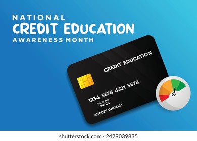 National Credit Education Awareness Month (March).  Credit cards and credit scores. cards, banners, posters, social media and more. Blue background