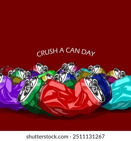 National Crush a Can Day event banner. Beer cans of varying colors are crushed on dark red background to celebrate on September 27th