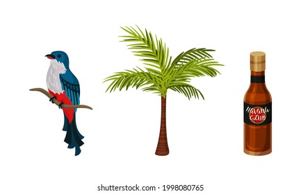 National Cuba Symbols with Cuban Trogon or Tocororo and Rum Vector Set