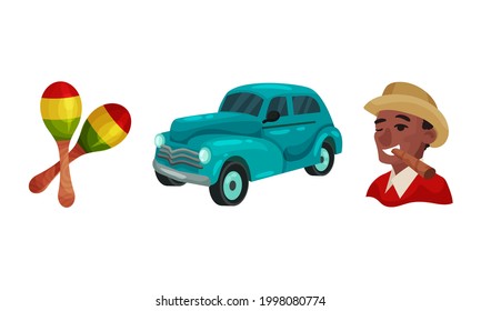 National Cuba Symbols with Maraca and Man Smoking Cigar Vector Set
