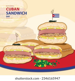 National Cuban Sandwich Day on august 23 with vector illustration some sandwich bread slices filled with delicious ham, cheese, pork and mustard, small flag cuban, vegetable slices on the podium, text