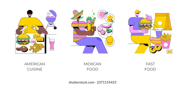 Concepto de cocina nacional abstracto ilustrado vectorial. cocina americana, comida mexicana y rápida, barbacoa, receta de burrito, cadena de restaurantes, menú de aperitivos, metáfora abstracta de comida para llevar.