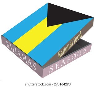 National Cuisine Of The Bahamas. Seafood In A Cardboard Box.. Vector Illustration.