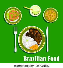 National cuisine of Brazil with black bean and meat stew, served with sliced orange and rice, spicy shrimps with chilli peppers, vegetable soup and lime cocktail with ice. Flat style icons