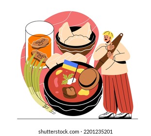 National cuisine concept. Delicious vegetable soup borscht, lard and meat dumplings. Young man holding spoon and eating traditional Ukrainian food. Cartoon flat vector illustration in doodle style