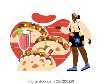 National cuisine concept. Young smiling woman presenting traditional mexican food. Delicious burrito or taco with meat and vegetables in tortilla. Cartoon flat vector illustration in doodle style