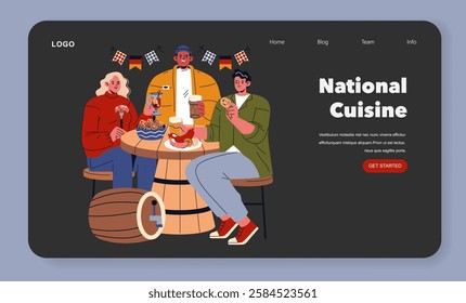 National cuisine illustration. A group of friends sharing traditional meals and drinks at a table, celebrating local flavors. The setting conveys warmth and community spirit, inviting culinary