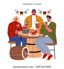 National Cuisine illustration. A lively gathering where friends enjoy traditional dishes and drinks. The scene captures cultural exchanges through food, laughter, and camaraderie. Perfect for