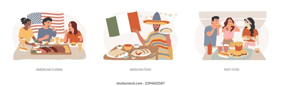 National cuisine isolated concept vector illustration set. American cuisine, mexican and fast food, barbecue dish, burrito recipe, chain restaurant, snack menu, takeout meal vector concept.