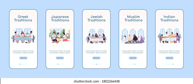 National cuisine onboarding mobile app screen flat vector template. Worldwide culinary. Walkthrough website steps with characters. UX, UI, GUI smartphone cartoon interface, case prints set