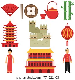 National cultural symbols of China. Sushi, hand fan, lantern, chinese architecture, great wall, green bamboo, teapot and cup, traditional clothes. Flat vector icons