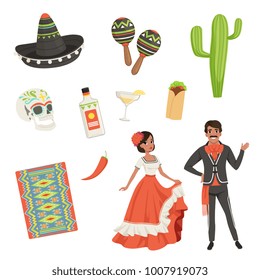 National cultural symbols of Mexico. Blanket with ethnic pattern, sombrero, cactus, skull, taco, tequila, maracas. Latin Americans. People in traditional clothes. Flat vector