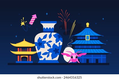 National cultural values of China - modern colored vector illustration with Tiantan Temple of Heaven, Shinto shrine, Buddhism, silkworm, porcelain vase with blue flowers, fireworks and crackers