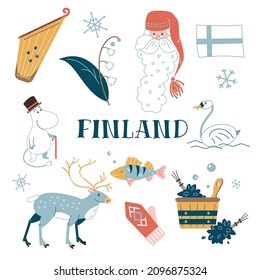 National culture symbols and ornaments of Finland set. Vector illustrations of Finnish traditional figurines and folk animals. Cartoon Santa Claus elk fish isolated on white. Scandinavia concept