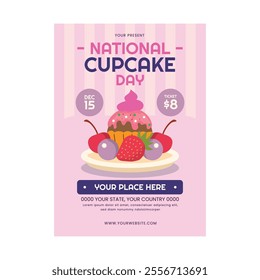 National cupcake day. December 15. Creamy blueberry cupcake with berry and mint leaf on white background. Vector template for holiday poster, banner, flyer, card.