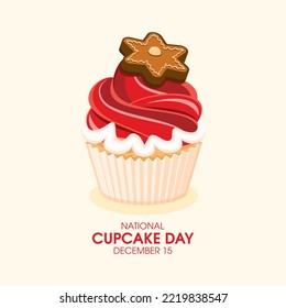 National Cupcake Day on December 15 vector. Christmas red cupcake with gingerbread on top icon vector. December 15 each year. Important day