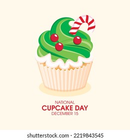 National Cupcake Day on December 15 vector. Christmas green cupcake with candy cane icon vector. December 15 each year. Important day