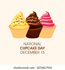 National Cupcake Day vector. Creamy yellow, chocolate, pink cupcake with sprinkles icon vector. Cupcake Day Poster, December 15. Important day