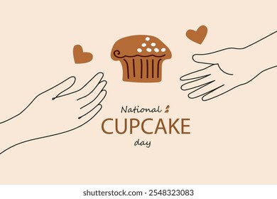 National cupcake day. Vector doodle line art illustration for banner, poster, greeting card, menu, recipe. Tea party, afternoon snak, breakfast, cafe themed concept background.