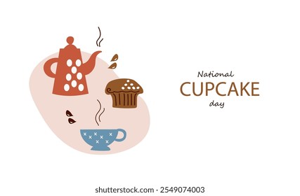 National cupcake day. Vector doodle line art illustration for banner, poster, greeting card, menu, recipe. Tea party, afternoon snak, breakfast, cafe themed concept background.