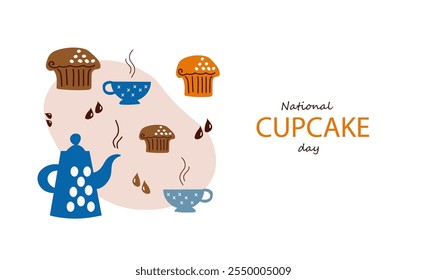 National cupcake day. Vector doodle line art illustration for banner, poster, greeting card, menu, recipe. Tea party, afternoon snak, breakfast, cafe themed concept background.