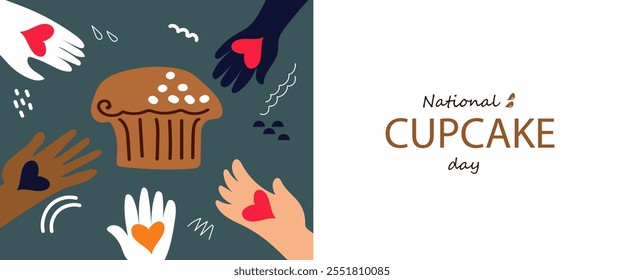 National cupcake day. Vector doodle line art illustration for banner, poster, greeting card, menu, recipe. Tea party, afternoon snak, breakfast, cafe themed concept background.