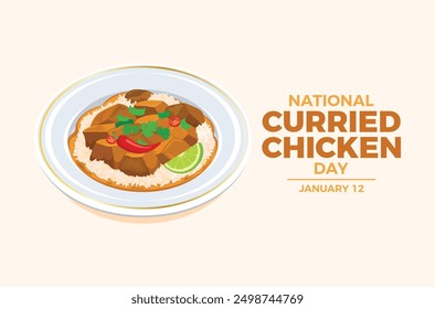 National Curried Chicken Day poster vector illustration. Chicken curry with rice, coriander and chili pepper icon. Chicken Tikka Masala on a plate drawing. January 12 each year