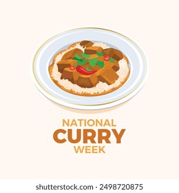 National Curry Week poster vector illustration. Chicken curry with rice, coriander and chili pepper icon. Chicken Tikka Masala on a plate drawing. South Asian cuisine symbol