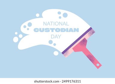 National custodian day poster. Equipment and accessories collection for cleaning home. Bucket, cleaning supplies, bottles, spray, brush, gloves. Housework concept. Vector illustration isolated