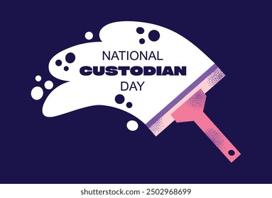 National custodian day poster. Equipment and accessories collection for cleaning home. Bucket, cleaning supplies, bottles, spray, brush, gloves. Housework concept. Vector illustration isolated