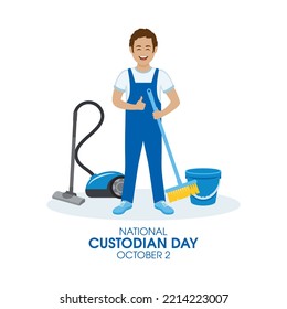 National Custodian Day vector. Cheerful young man with broom and vacuum cleaner icon vector. Happy male cleaner cartoon. October 2. Important day