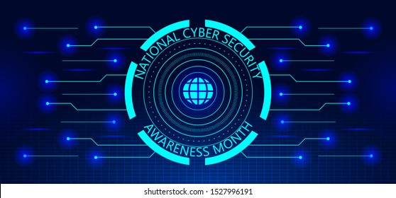 National Cyber Security Awareness Month (NCSAM) is observed in October in USA. Hud elements, globale icon, concept vector are shown on ultaviolet background for banner, website.